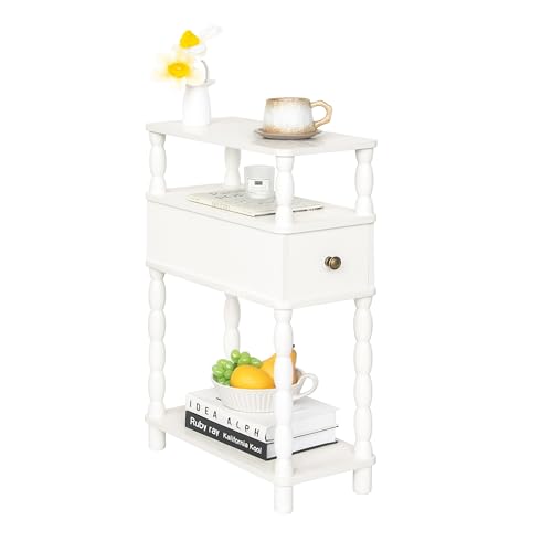 White Narrow End Table with Drawer - Small Side Table for Living Room & Bedroom