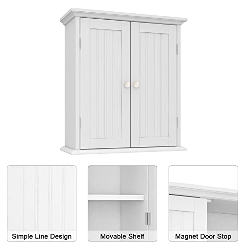 White Over The Toilet Bathroom Wall Cabinet with 2 Doors, 8.8"D x 21.1"W x 24"H