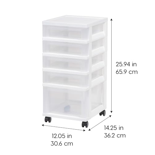 5-Drawer Rolling Storage Cart with Organizer Top - White/Clear, Mobile & Secure