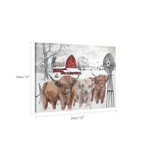 Highland Cow Pictures Christmas Decor: Merry Christmas Wall Art Cow Paintings Farmhouse Decor Rustic Barn Canvas Prints Winter Farm Scene Posters Xmas Holiday Indoor Wall Decorations 10"x12"