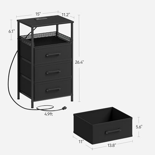JARHETUN Nightstand Set 2 with Charging Station & RGB LED Lights, 3 Drawers, Black / Power & LED