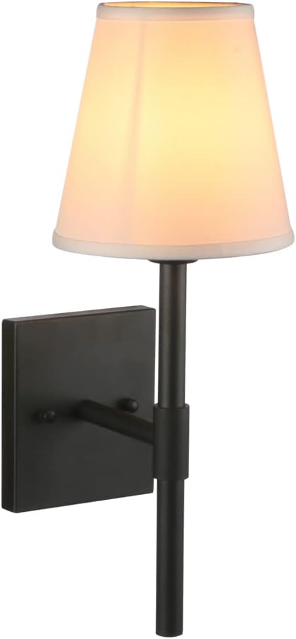 Pathson Set of 2 Hardwired Bathroom Wall Sconces with White Fabric Shade, Cloth Wall Mounted Lighting for Living Room Bedroom Hallway Matte Black Finish Base