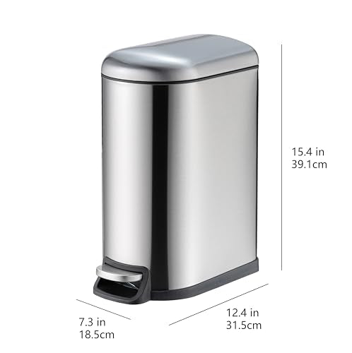 Small Trash Can with Soft-Close Pedal, Removable Inner Bucket, Silver - 2.6 Gallon Narrow