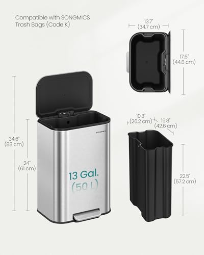 SONGMICS 13-Gallon Kitchen Trash Can Stainless Steel Soft Close - Metallic Silver