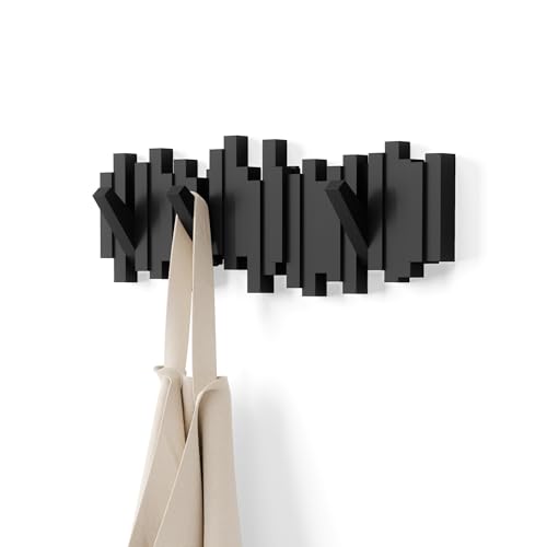 Umbra Sticks Wall Mount Coat Rack Black, 5 Flip-Down Hooks - Modern Home Organizer