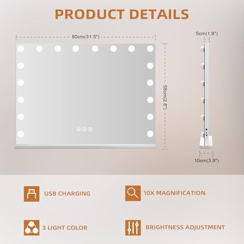 Hansong 32x23 Inch Hollywood Vanity Mirror with Lights, 18 Dimmable Bulbs, Touch Control, USB Charging, Wall Mount Option