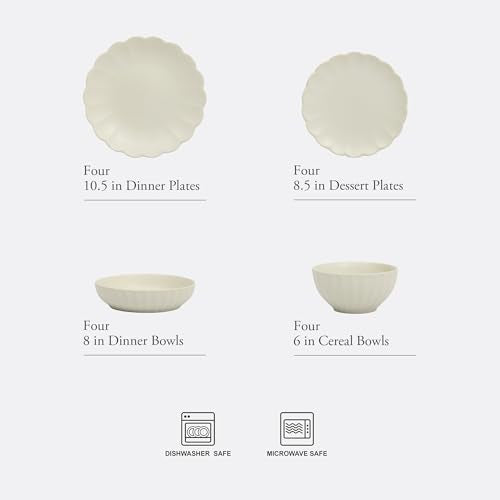 Cream White Malibu Shore 16-Piece Dinnerware Set for 4, Scalloped Edge Stoneware