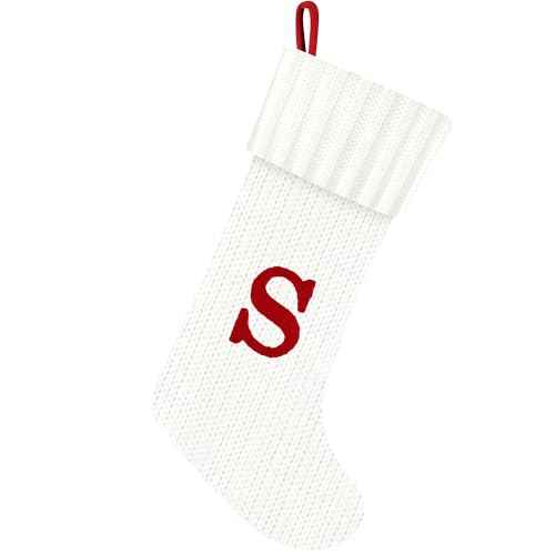 Christmas Stockings with Initials, 20-Inch Personalized Embroidered Monogram Knit Christmas Stocking,Large Cable Letter Knitted Christmas Stockings for Fireplace Family Christmas Decorations(S,White)