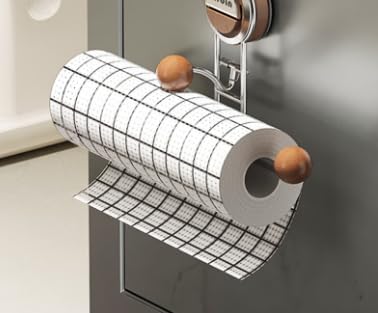 Skiennix Kitchen Paper Towel Holder - Suction Cup Design, Stainless Steel & Wood, No Drill, Large Size