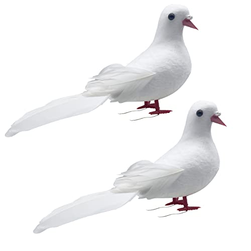LWINGFLYER 2pcs White Doves 7-Inch Artificial Simulation Foam Bird Feathered Dove for Craft Wedding Decoration Party Accessories Christmas Tree Ornaments (Small White Doves)