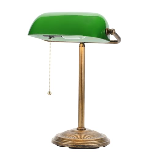 Small Retro Gold Green Glass Bankers Desk Lamp with Pull Chain Switch