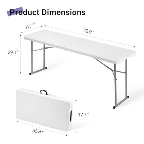 Byliable 6FT Narrow Folding Plastic Table White, Portable & Heavy Duty