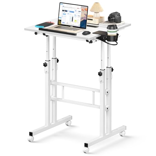 Enayplon White Standing Desk with Wheels - Adjustable Mobile Sit-Stand Table