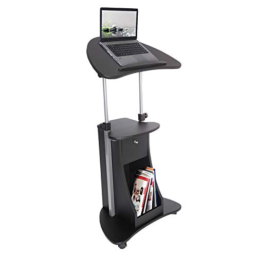 Black Adjustable Height Rolling Laptop Cart with Storage and Locking Casters