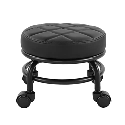FURWOO Black PU Leather Rolling Stool with Wheels - Low Manicure & Garage Seat