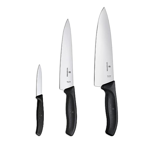 Victorinox Swiss Classic Chef's Knife Set - Ergonomic Kitchen Knives for Meat, Vegetables & Fruit, 3-Piece Black Handle Straight Edge