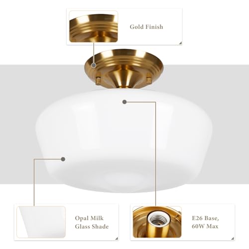 12-Inch Brass Schoolhouse Semi Flush Mount Ceiling Light with Opal Milk Glass Shade - Medium Variation