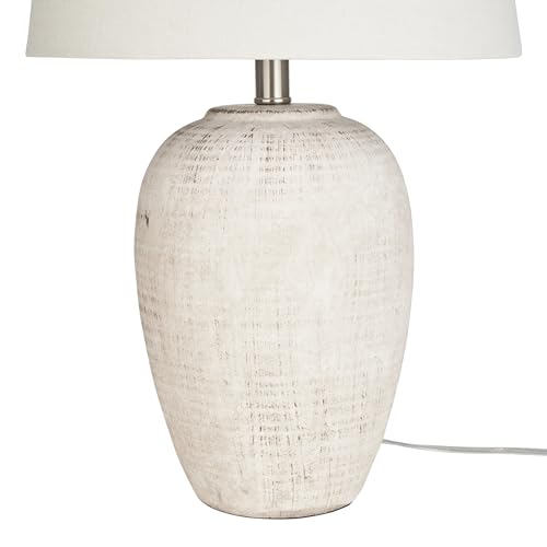 Rustic Ceramic Table Lamp - 23" Distressed Cream/Beige with Ivory Drum Shade - Vintage Style