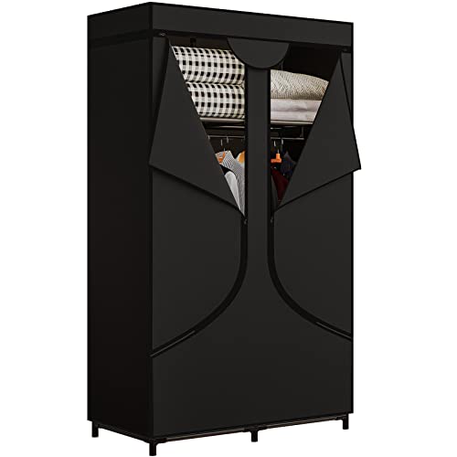 34 Inch Black Wardrobe Closet with Hanging Rods and Shelves - Large Capacity Storage