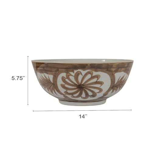 Creative Co-Op Hand-Painted Stoneware Fruit & Salad Bowl with Watercolor Floral Design, Brown, 14"