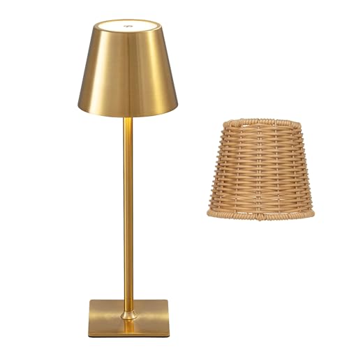 Outdoor Waterproof Cordless LED Table Lamp with Wicker Shade - Gold