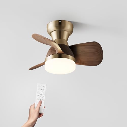 20 Inch Brass Ceiling Fan with Remote, 3 ABS Blades, LED Light for Bedroom & Living Room