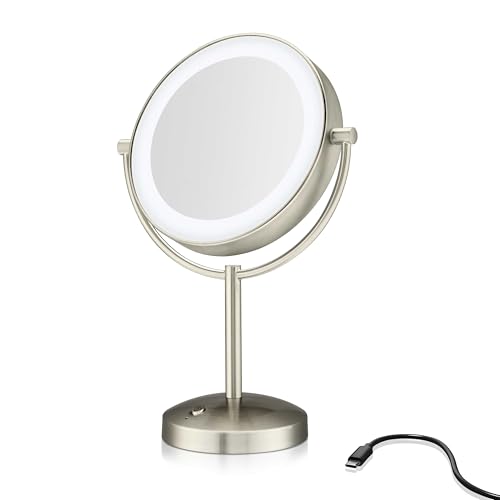 Lighted Makeup Mirror with 1X/10X Magnification, LED Vanity Mirror, Satin Nickel Finish