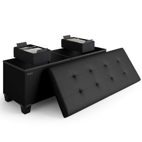Black Leather Storage Ottoman Bench - 43 Inch Foot Rest & Seat with Bins - Variation 04