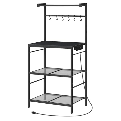 22.4 Inch Black Bakers Rack with Power Outlet, Kitchen Storage Shelf with Hooks