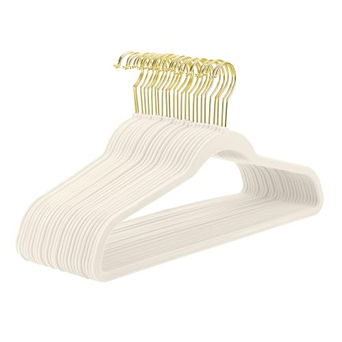 Ivory Velvet Hangers 60 Pack with Gold Swivel Hooks - Non-Slip Heavy Duty Closet Organizers