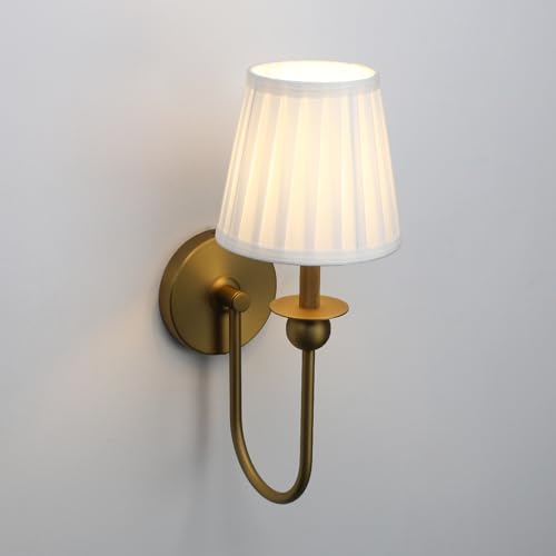 PERMO Set of 2 Brass Wall Sconces with Pleated Fabric Shades - Vintage Bathroom & Living Room Lighting