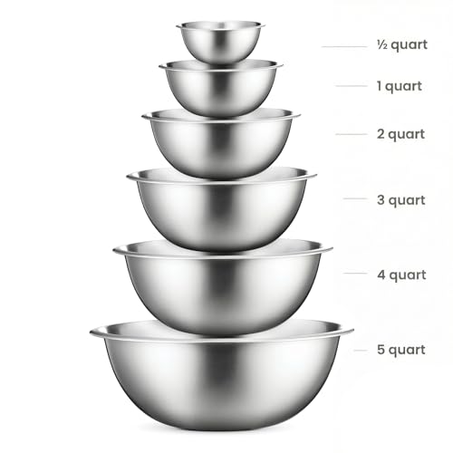 FineDine 6 Pack Stainless Steel Mixing Bowls Set - 6 Sizes, Durable Kitchen Prep