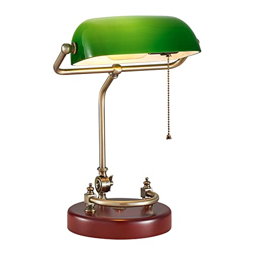 NUSRAN Green Glass Bankers Desk Lamp with Solid Birch Wood Base and Pull Chain Switch