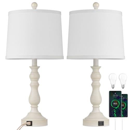 Leasgy 23'' Set of 2 Bedside Table Lamps with USB-C+A Ports, Beige, White & Grey Options