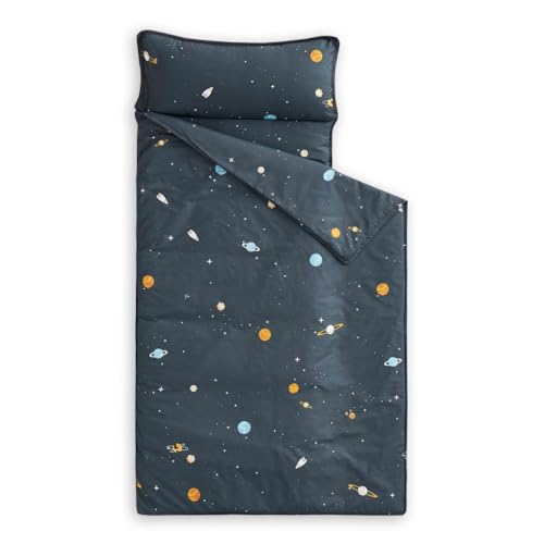 Extra Long Toddler Nap Mat with Pillow & Blanket - Galaxy Space Design, 60x20 Inches, Gray
