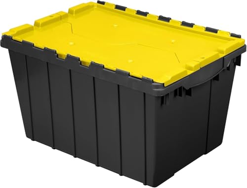 12-Gallon Stackable Plastic Storage Tote with Hinged Lid - Black and Yellow, 1 Pack