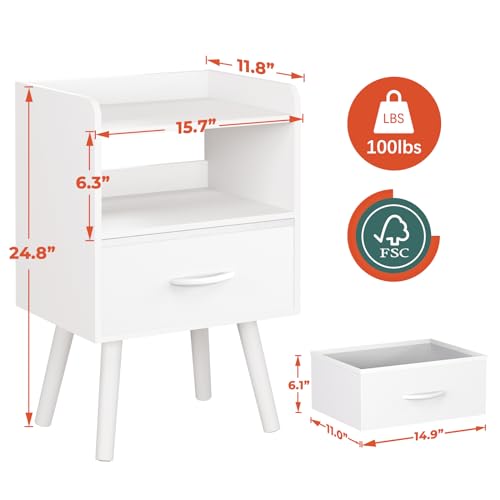 Yoobure White Modern Nightstand with Drawer & Open Shelf, 2-Tier Bedside Table