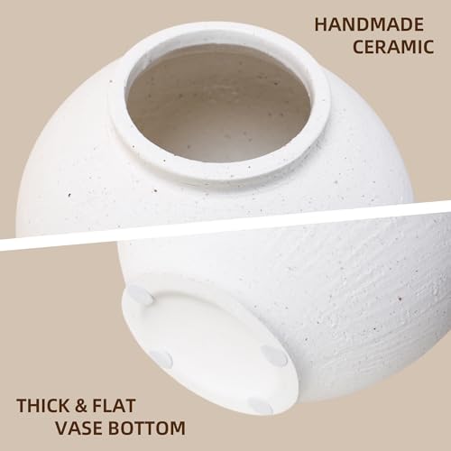 Large White Ceramic Vase - 9.8 Inch Rustic Farmhouse Flower Pot with Sandstone Texture - Indoor Table & Floor Decor - Variation: White