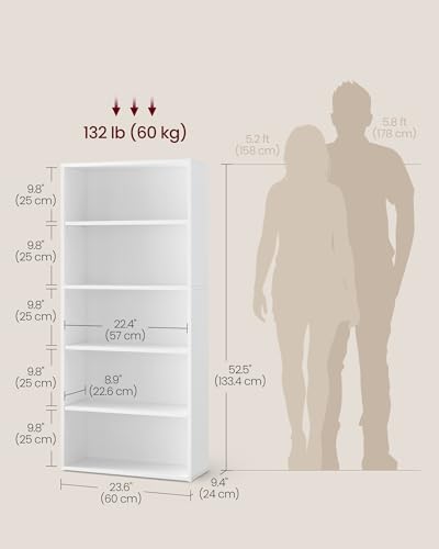 VASAGLE 5-Tier Bookshelf Storage Organizer - 23.6 W x 52.8 H Inches, Cloud White, 1 Pack