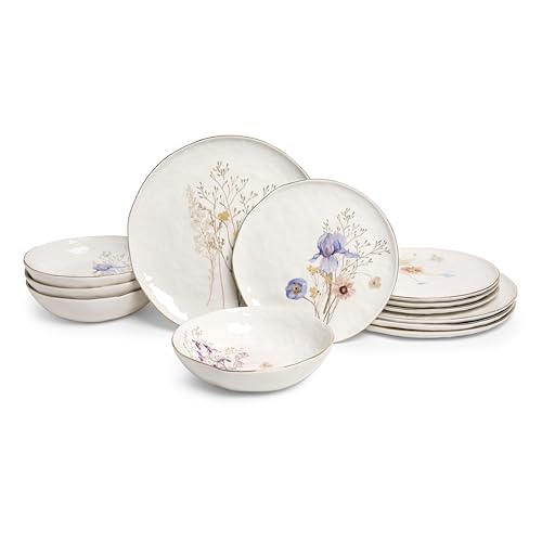 Floral White 12-Piece Porcelain Dinnerware Set for 4 - Elegant Plates & Bowls with Gold Rims