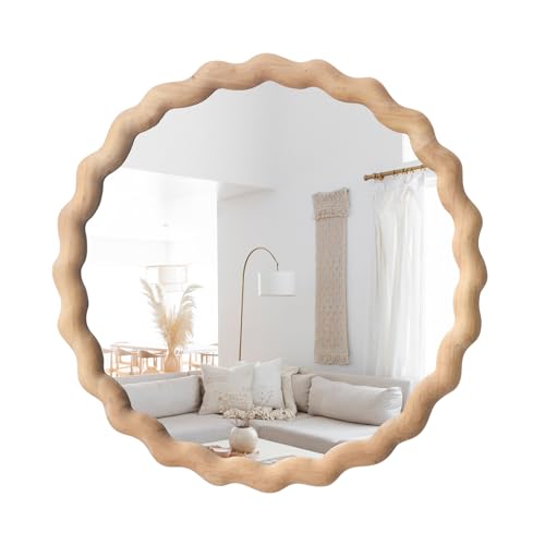 24-Inch Light Brown Wooden Wall Mirror with Scalloped Wavy Frame - Bathroom & Nursery Decor