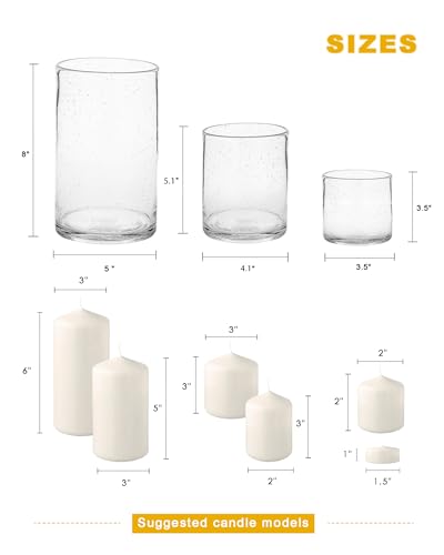 Glass Candle Holders Set 3 Pieces - Clear Bubbles Cylinder - Bubbles Clear Variation