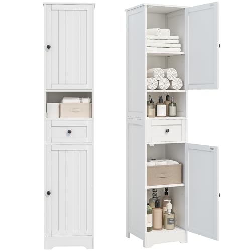Tall Bathroom Cabinet with 5 Shelves & Drawer - White, Adjustable Storage