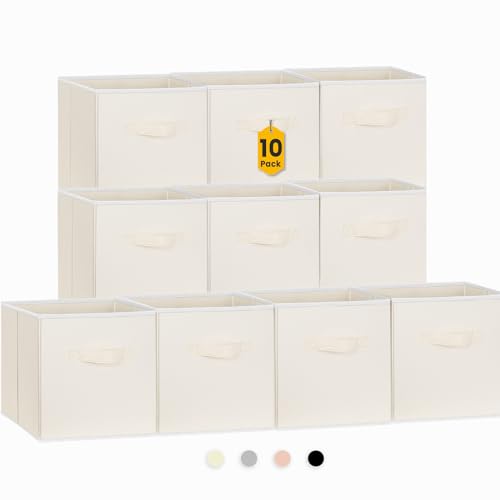 Criusia 10 Pack Beige 11-Inch Collapsible Fabric Storage Bins for Closet & Shelves