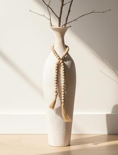 Beige Metal Tall Floor Vase with Bead for Pampas Grass - Rustic Boho Decor