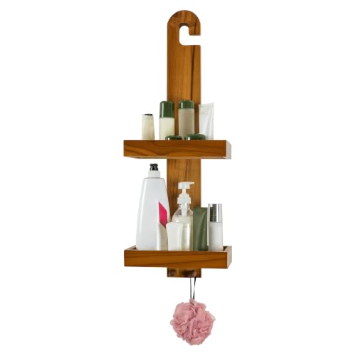 Teak Hanging Shower Caddy with Hooks - Over Head Bathroom Organizer