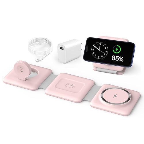 Iseyyox Pale-Pink 3-in-1 Foldable Magnetic Wireless Charging Station for Apple Devices