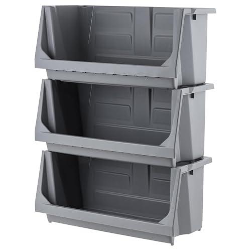 Jumbo Heavy Duty Stackable Open Front Storage Bins - Dark Gray 3 Pack