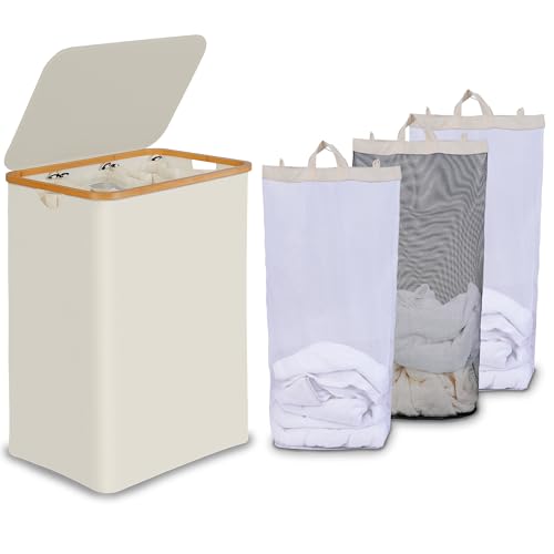 eFluky 3-Section Collapsible Laundry Hamper with Lid and Removable Mesh Bags, Large Beige