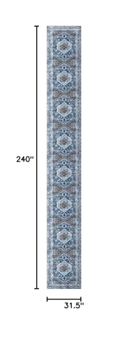 KOZYFLY Runners for Hallways 2.6x20 Ft Extra Long Washable Kitchen Thin Runner Rug Boho Runner Rug for Entryway Indoor Blue Printed Oriental Faux Wool Stair Floor Carpet Runner for Stair Kitchen Hall